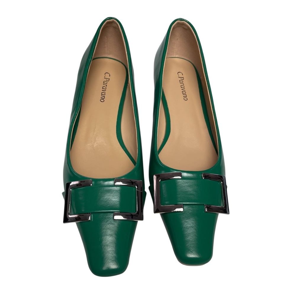 C. Paravano Metal Buckle Satin Square Toe Low Block Green Lucia Heels Sz 6